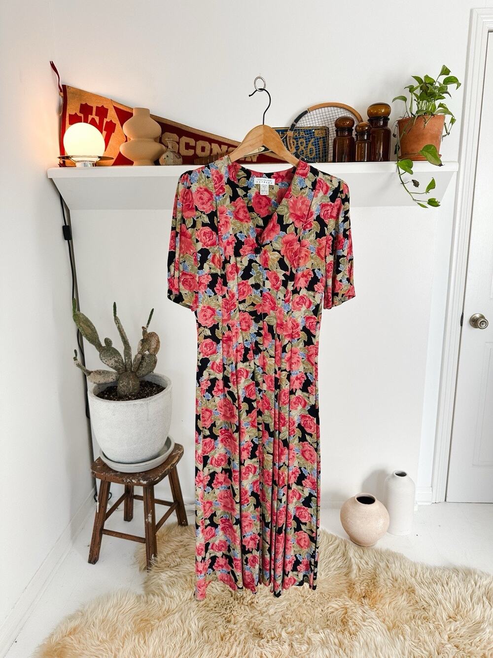 Vintage 90s Express Floral Button Down Dress With Shoulder Pads Size 7